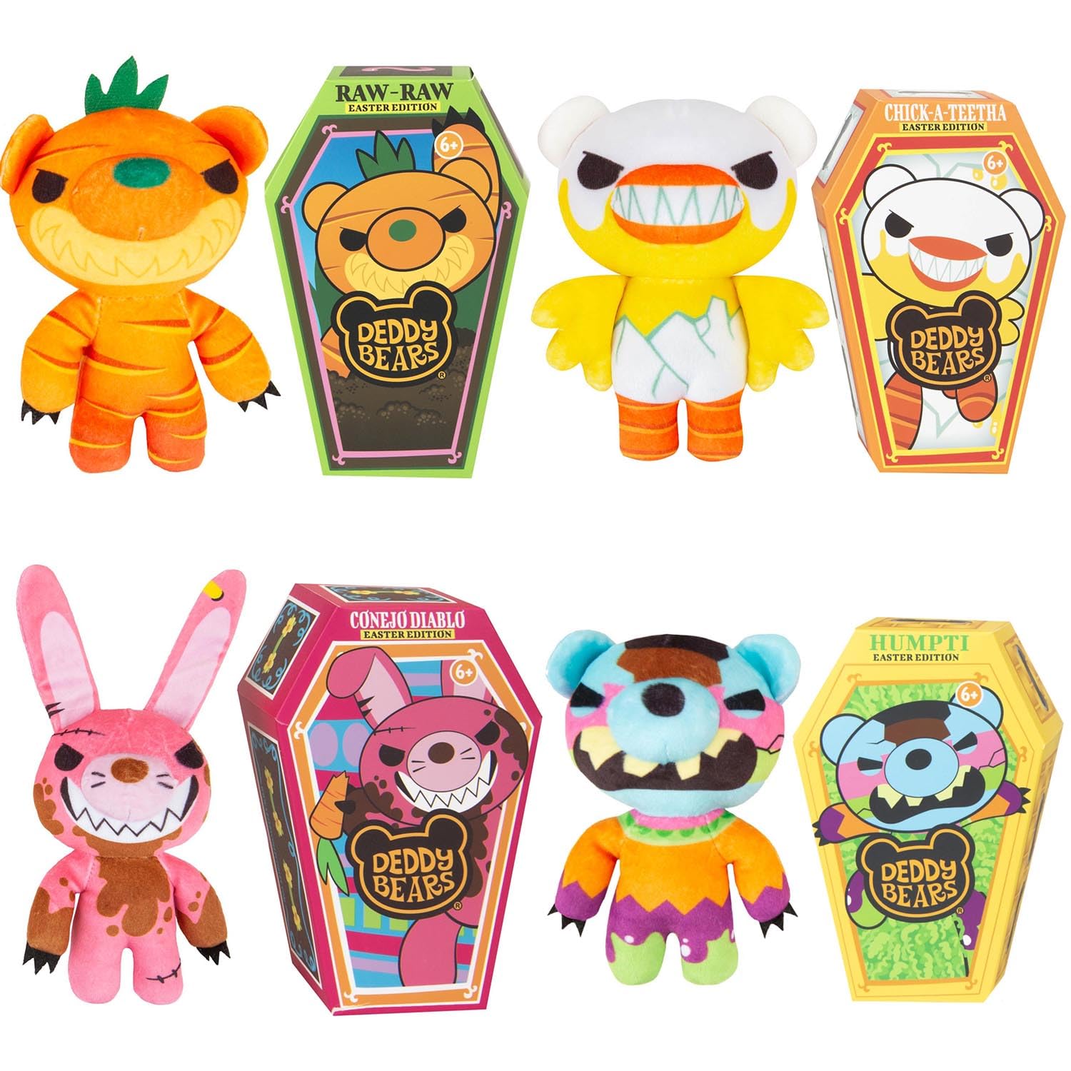 Deddy Bears Soft Toy Easter Series 1 Complete Collection Pack Of 4 - In Coffin Box Halloween, Birthdays, Spooky Cuddlies Gifts, Creepy Children's and Adults - 14cm