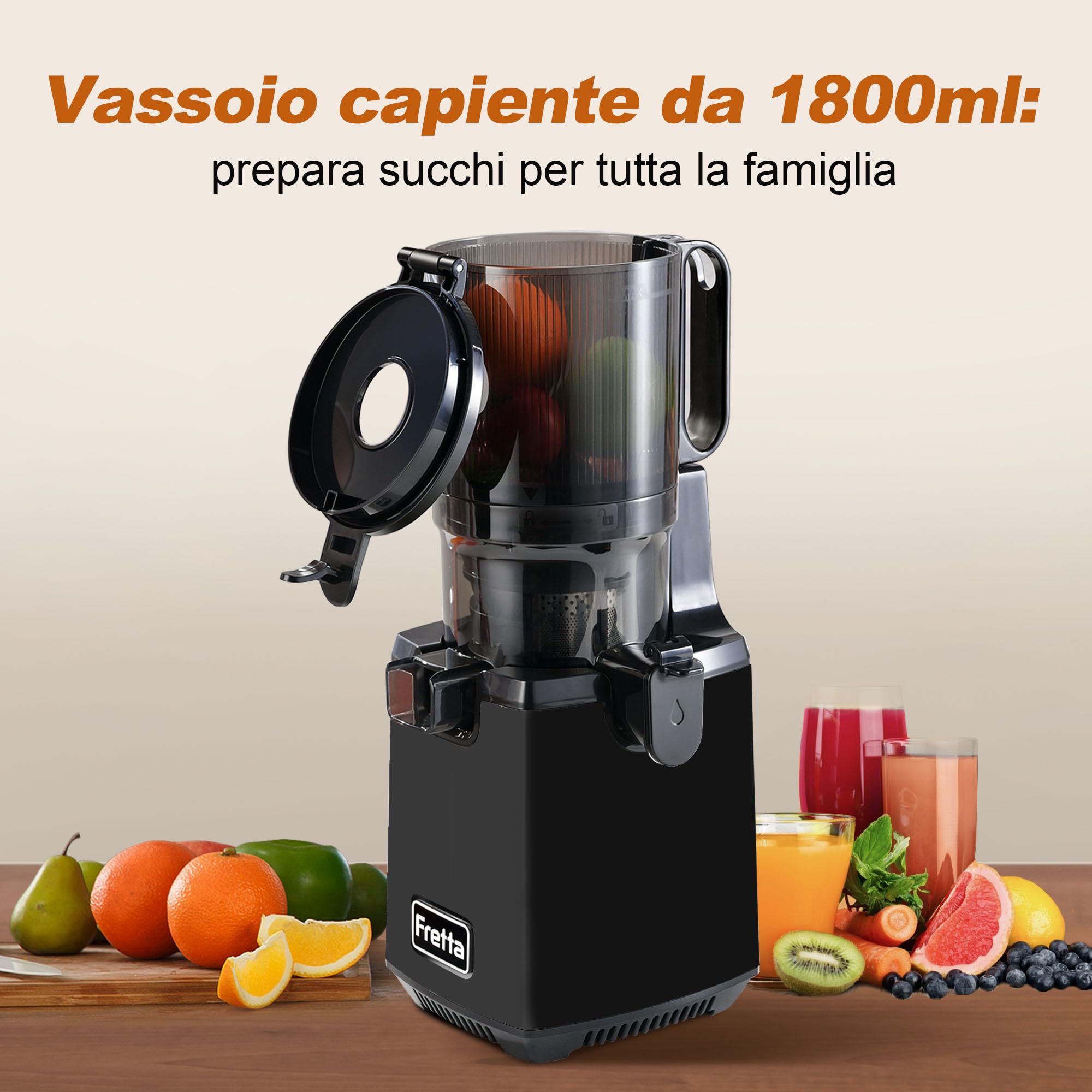 Fretta Estrattore frutta e verdura, Estrattore di Succo Lento, 135mm,1.8L, Facile da Pulire, BPA Free, Motore Silenzioso, Funzione Inversione, Nero
