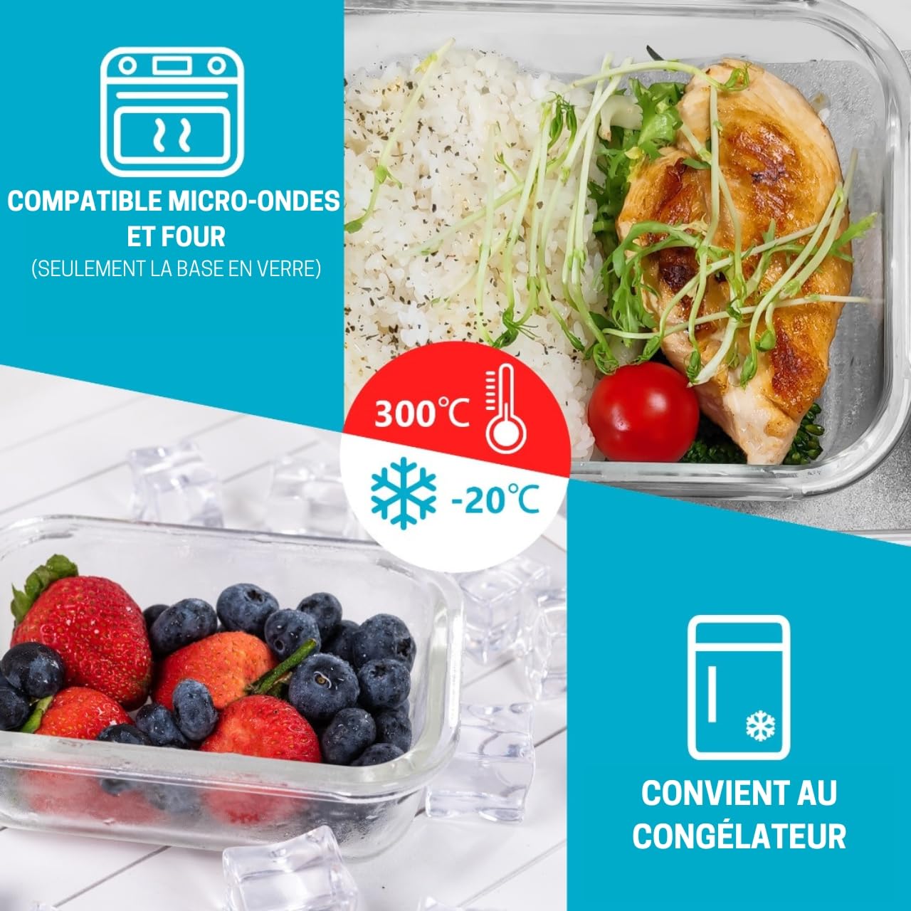 Igluu Meal Prep Boîtes Repas en Verre (Lot de 5+couvercle extra) – Couvercle hermétique et sans BPA – Compatibles micro-ondes, four, congélateur et lave-vaisselle – 840ml – Verre Borosilicate