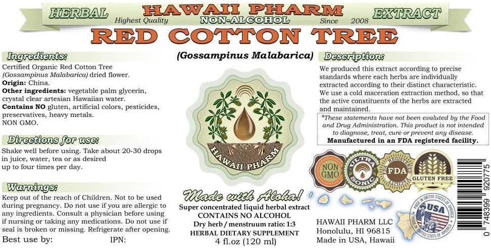 Hawaii Pharm Red Cotton Tree Alcohol-Free Liquid Extract, Red Cotton Tree (Gossampinus Malabarica) Dried Flower Glycerite Natural Herbal Supplement, 4x4 fl.oz