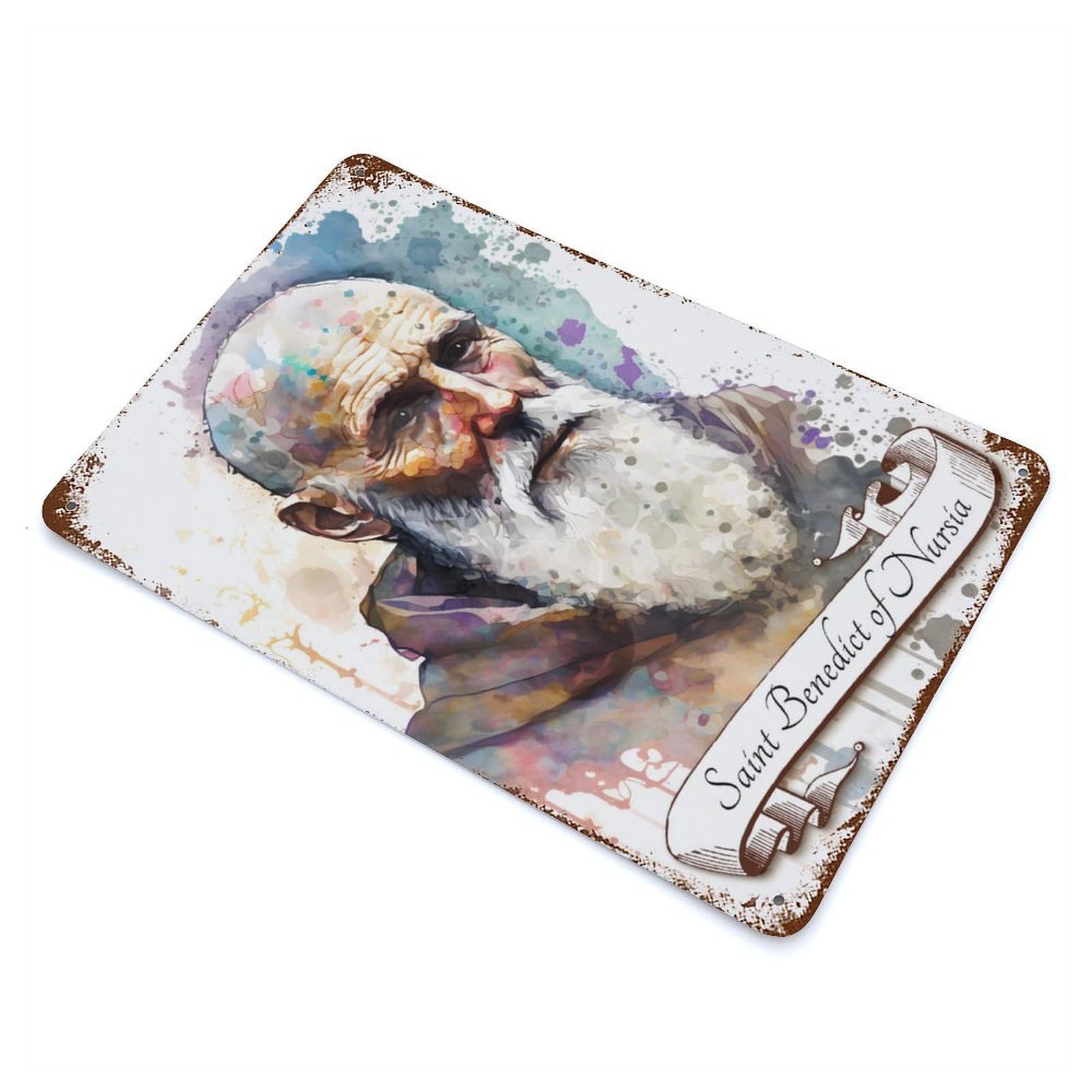 Saint Benedict Benedictine 11.8"x7.9" Aged Metal Wall Plaque, Retro Wall Decor for Farmhouse, Kitchen And Entryway Decor
