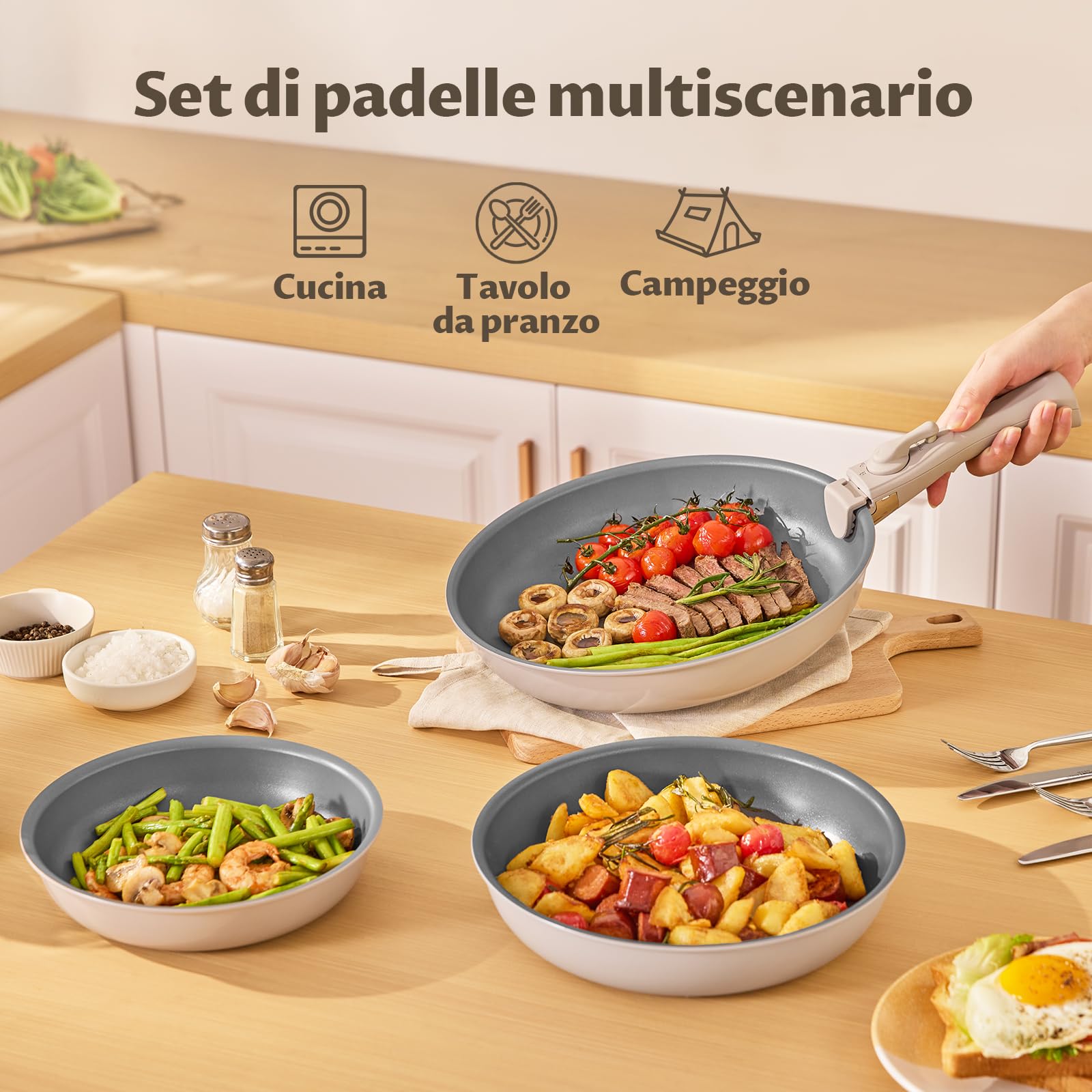 BLAZANT Padelle Antiaderenti Induzione Set con Manico Rimovibile, Padella Ceramica PFAS-free per Piccole Cucine, Camper e Famiglie, Risparmia Spazio, Adatte a Forno, 7 Pezzi 20/24/28 cm