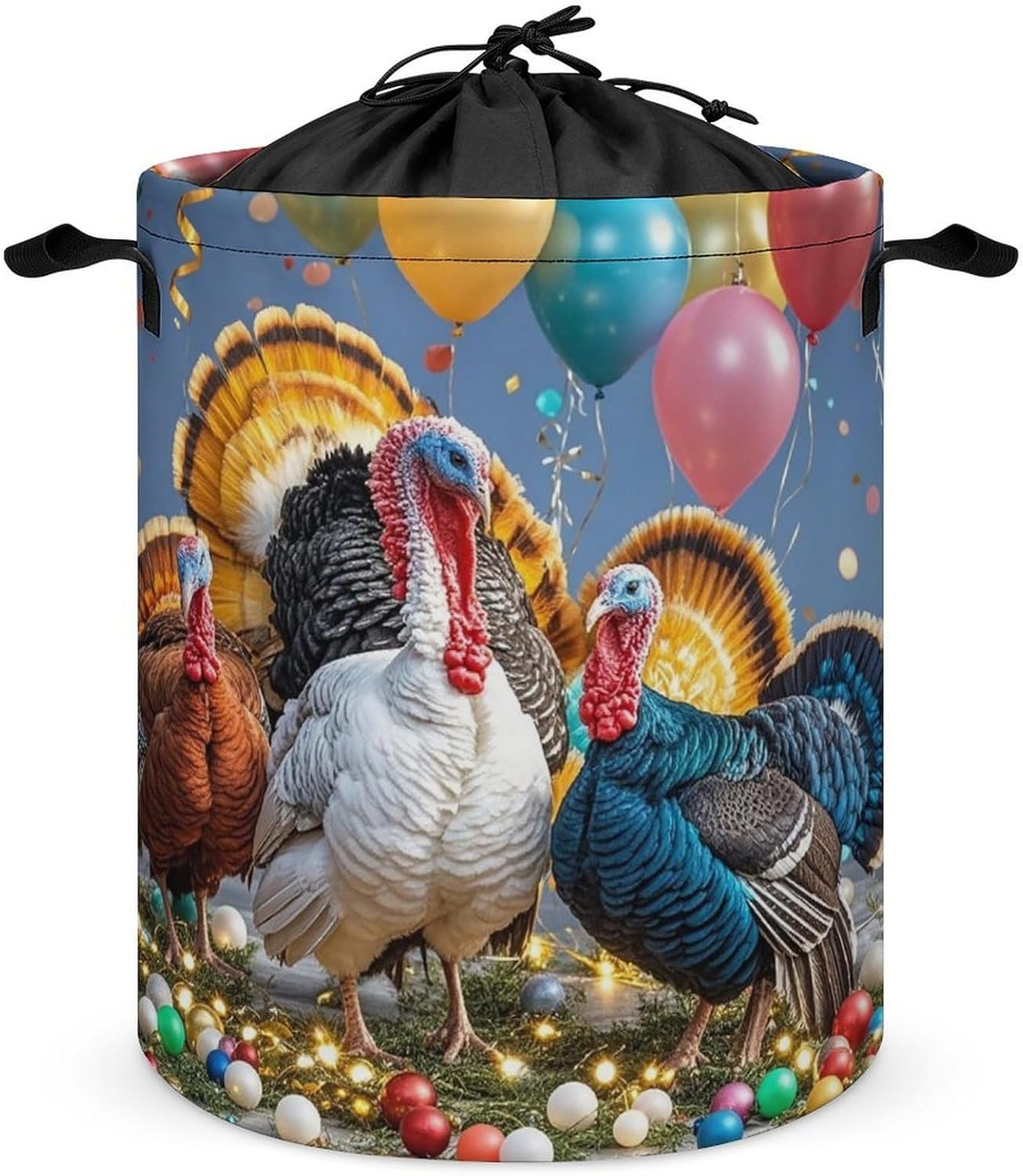 Fun Turkey Party Laundry Bag Large Collapsible Laundry Baskets Freestanding Waterproof Clothes Hamper with Handles & Drawstring for Laundry Room Bedroom Bathroom