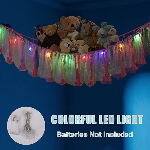 Miniatura 3 de DINGET Red de animales de peluche, hamaca de animales de peluche con luz LED, organizador de almacenamiento de animales de peluche, decoración de