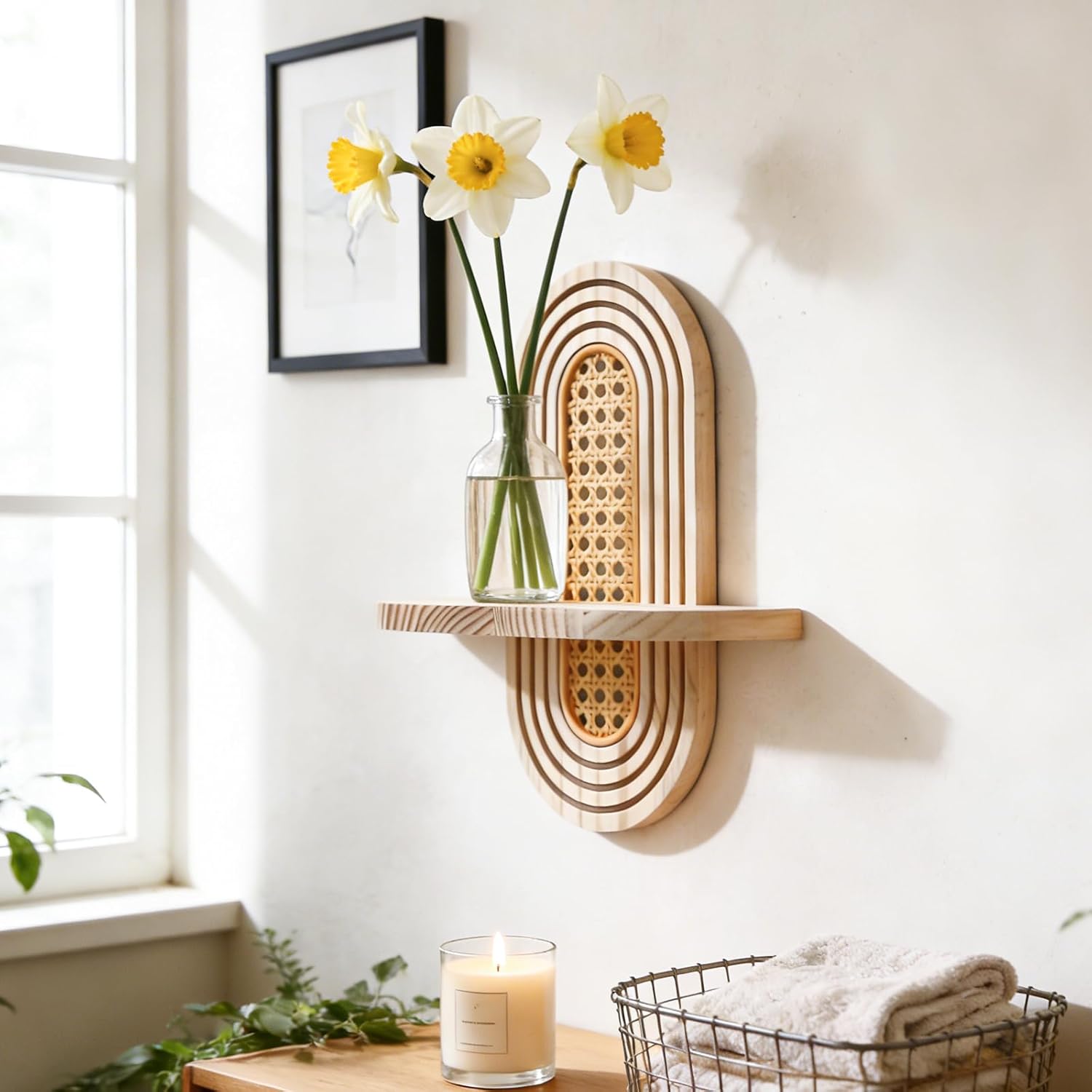Artilady 2 Pack Boho Shelves Wall Decor - Natural Rattan Solid Wood Floating Shelf Rainbow Arch 2 Tier Trinket Plant Storage Rack Modern Wall Art for Bedroom Nursery Bathroom Office
