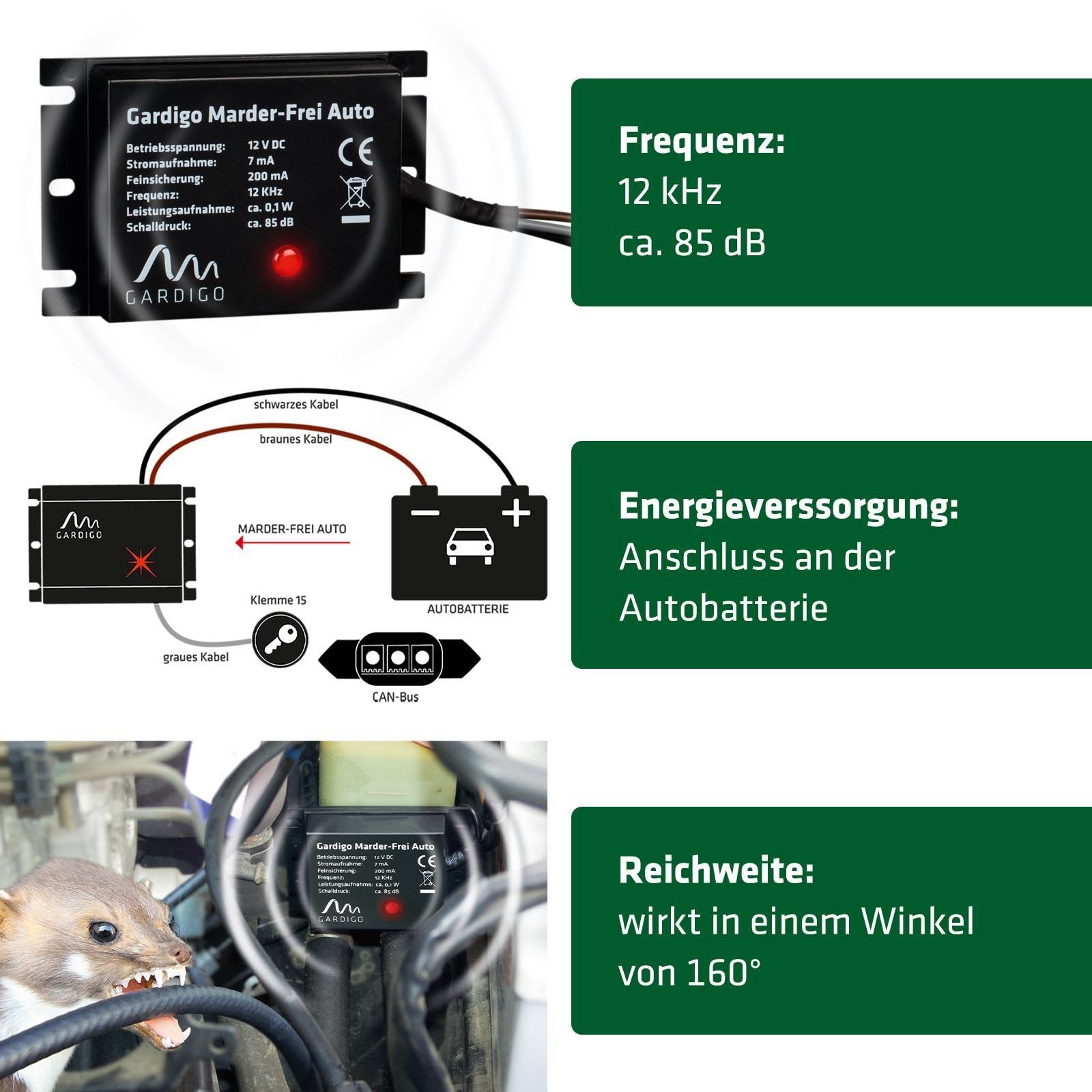Gardigo® Anti Martre Voiture Lot de 2 – Répulsif Ultrason Branché sur Batterie – 12V – Protection Moteur Contre Fouines, Rongeurs, Martres – Dispositif Préventif pour Voitures et Camping-Cars