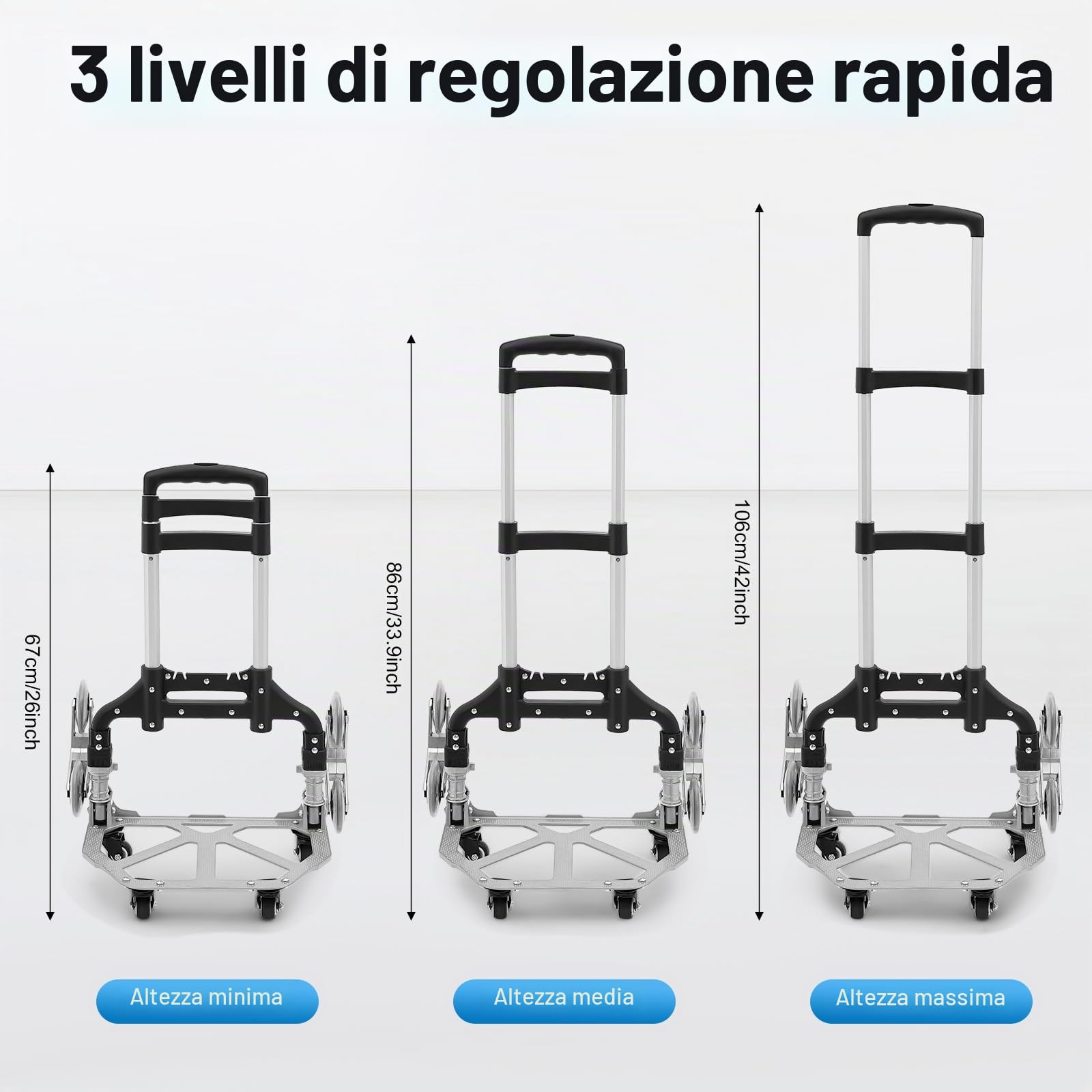 Carrello pieghevole per scale, carrello in alluminio, manico regolabile in altezza, ruote silenziose e tasca impermeabile rimovibile per traslochi e oggetti pesanti