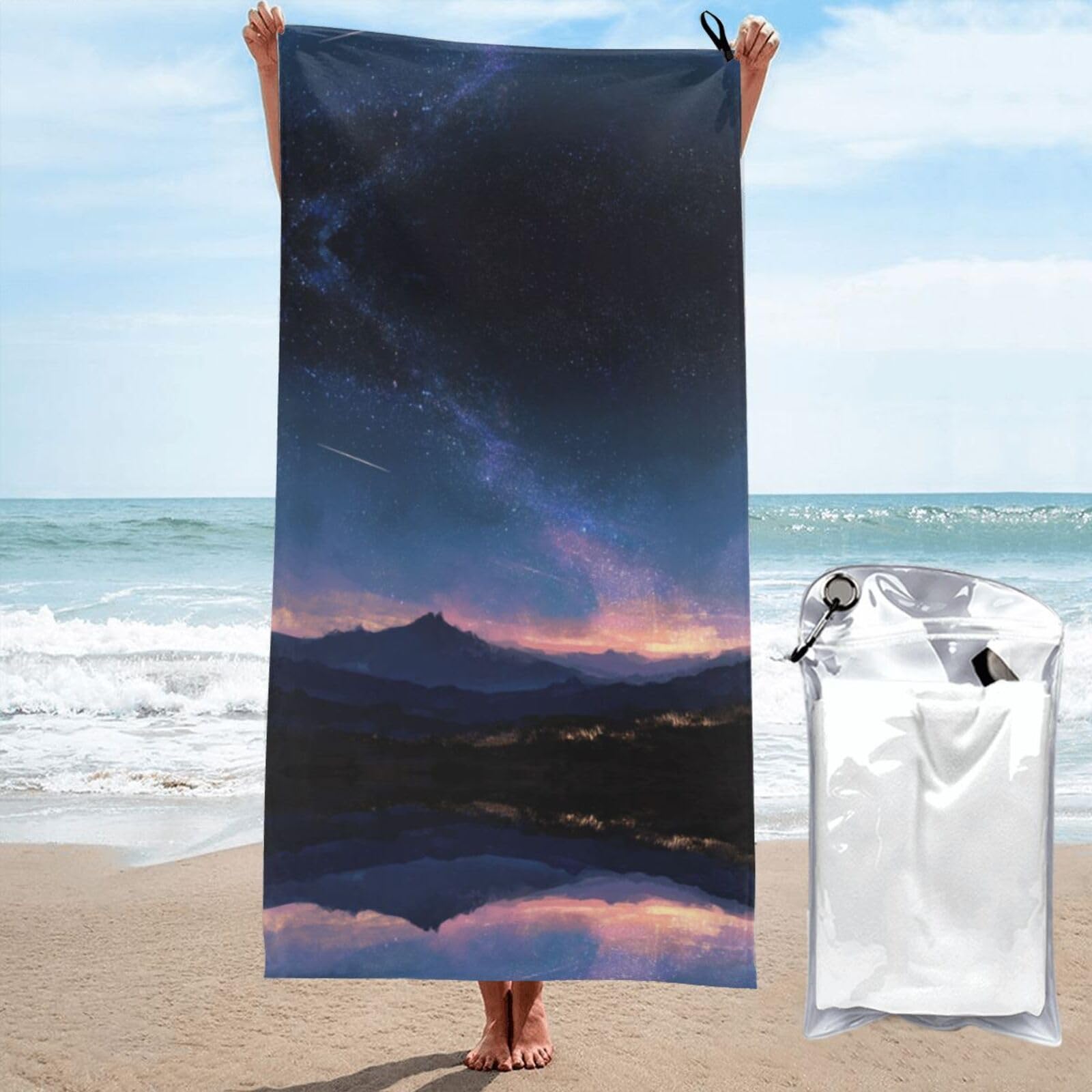 ESNAIUVCD Starry Sky Scenery Print Beach Towel, Microfibre Sauna Towel, Quick-Drying Fitness Towel, Lightweight And Thin Portable Sauna Towel