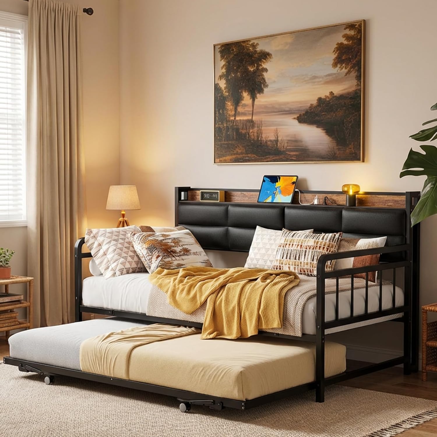 Homieasy Daybed with Trundle, Twin Day Bed with Upholstered Headboard and Charging Station, Metal Twin Sofa Bed Frame Pop-up Trundle Bed for Bedroom and Guest Room, Black