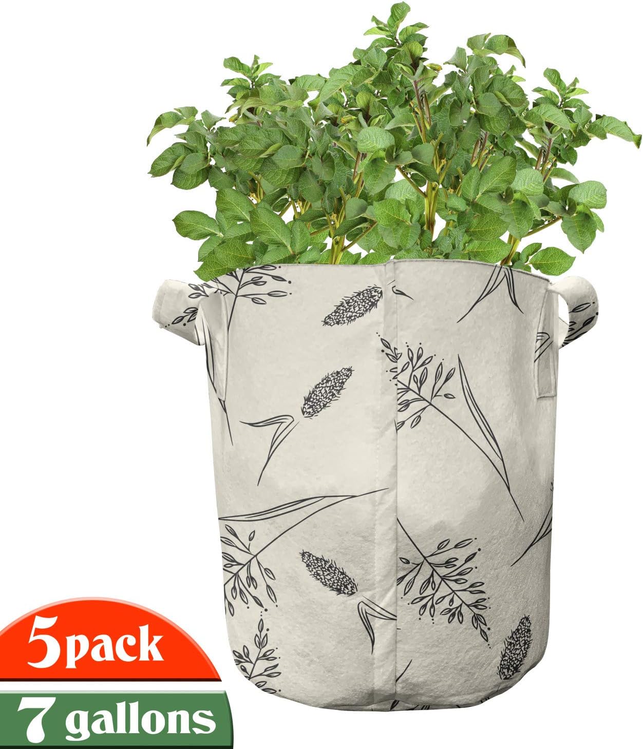 Ambesonne Boho Grow Bags 5-Pack, Botanical Nature Herbs Pattern, Heavyduty Fabric Pots with Handles for Plants, Cream and Charcoal Grey