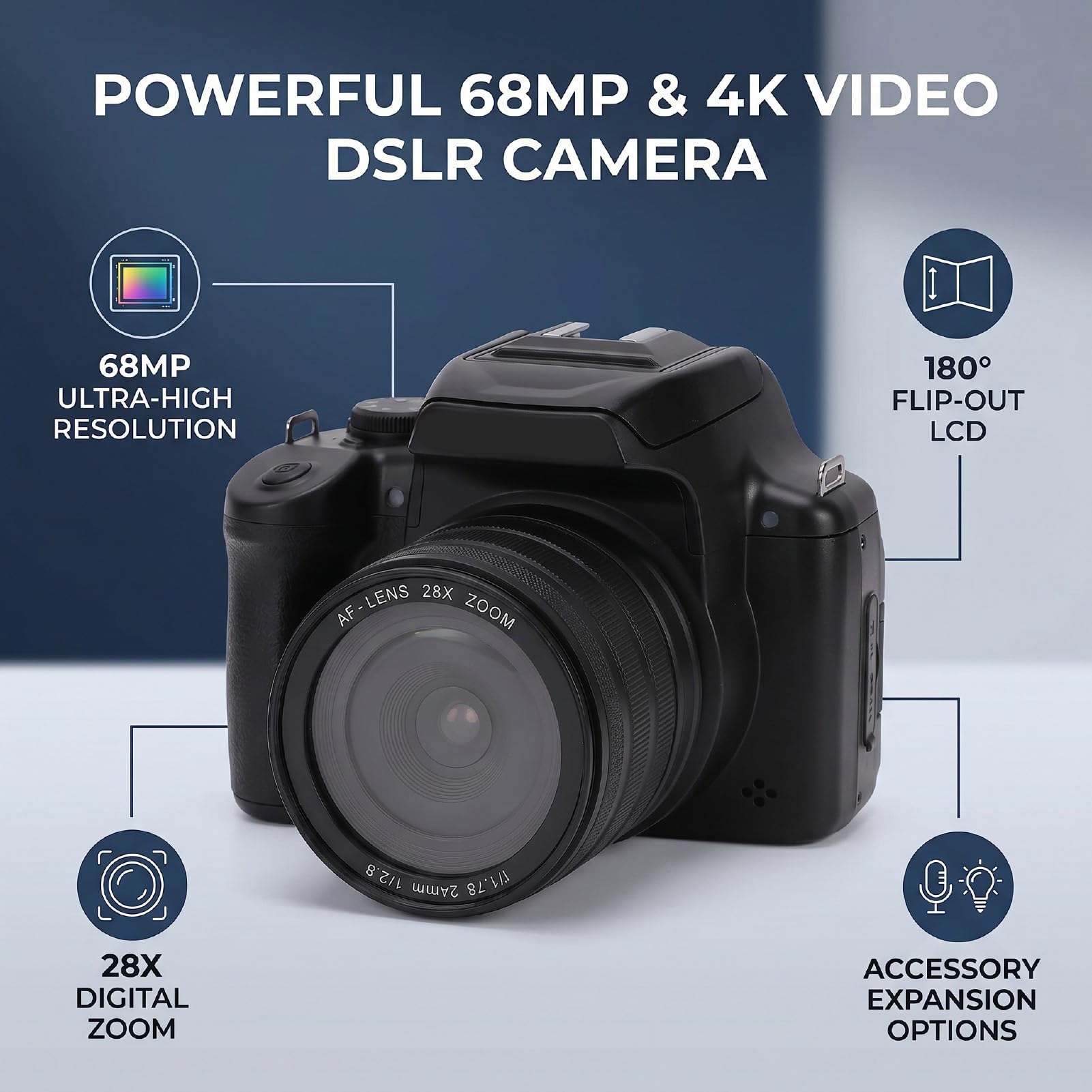 Tosuny Fotocamera digitale con mirino all'altezza dei fianchi, 68 MP, 4K, fotocamera vlogging con zoom 28x, schermo pieghevole da 2,8", mozzella per modalità DSLR e flash per principianti