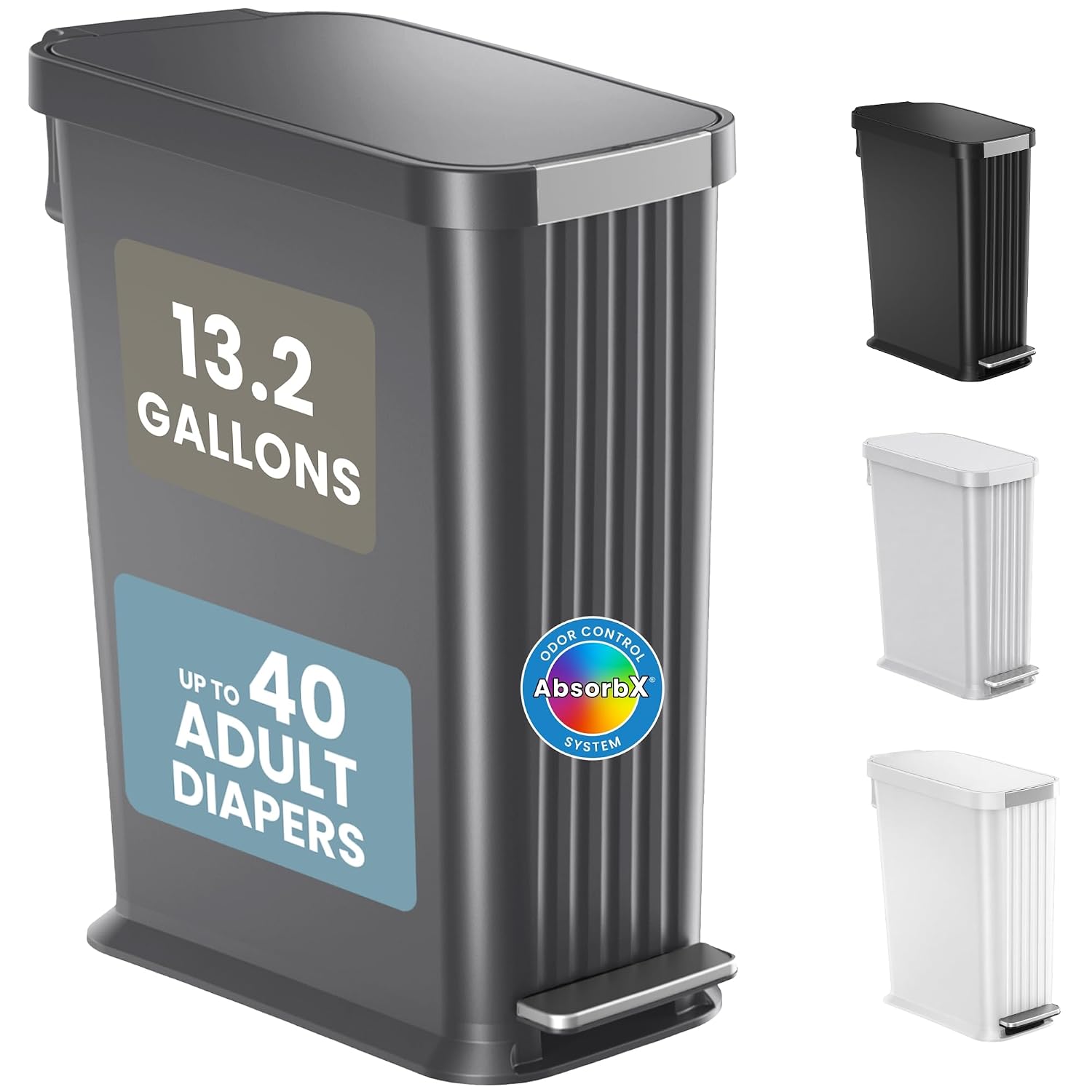 Patented 13 Gallon STEP Adult Diaper Pail, Fits Kitchen Bags, Odor Filter Trash Can, Large 40+ Diapers Capacity, No Refills Needed, Incontinence Underwear & Nursery Diapers, ADA Compliant, Matte Gray