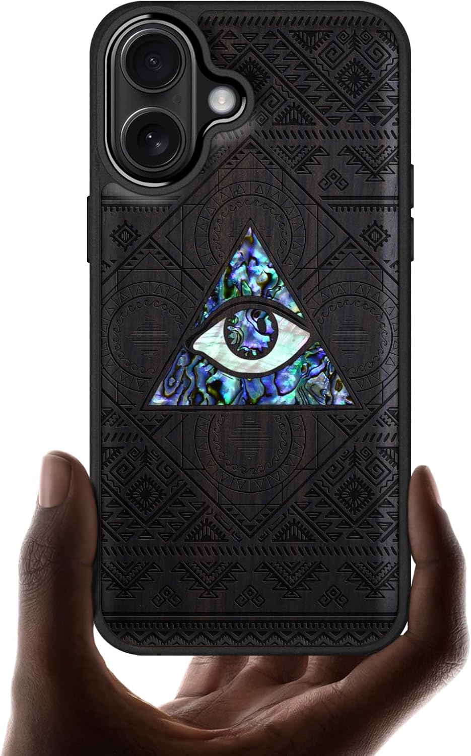Carveit Magnetic Wooden Case for iPhone 16 Case, Wood Artisan Engraved & Handmade Shell Inlaid, TPU Shockproof Cover, Compatible with MagSafe Wireless Chargers (Tribal Seer - All-Seeing Eye) Blackwood
