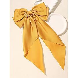 SUSULU Large Hair Bow Clips for Women Ginger Yellow Hair Bow White Hair Bow Slides for Girls Satin Hair Barrettes with Long Ribbon Tail,Wedding Birthday Women Hair Accessories Pack of 2
