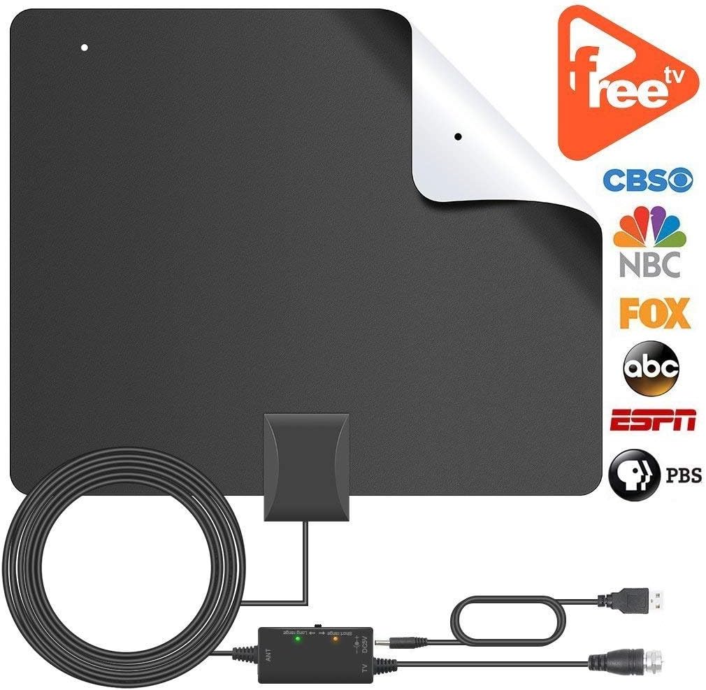 TV Aerial - Indoor Freeview TV Ariel with NEWSET Amplifier Signal Booster - Local Channels Broadcast for All Types of Smart Television - 60+ Miles Long Range and 16ft Cable for VHF/UHF/FM -