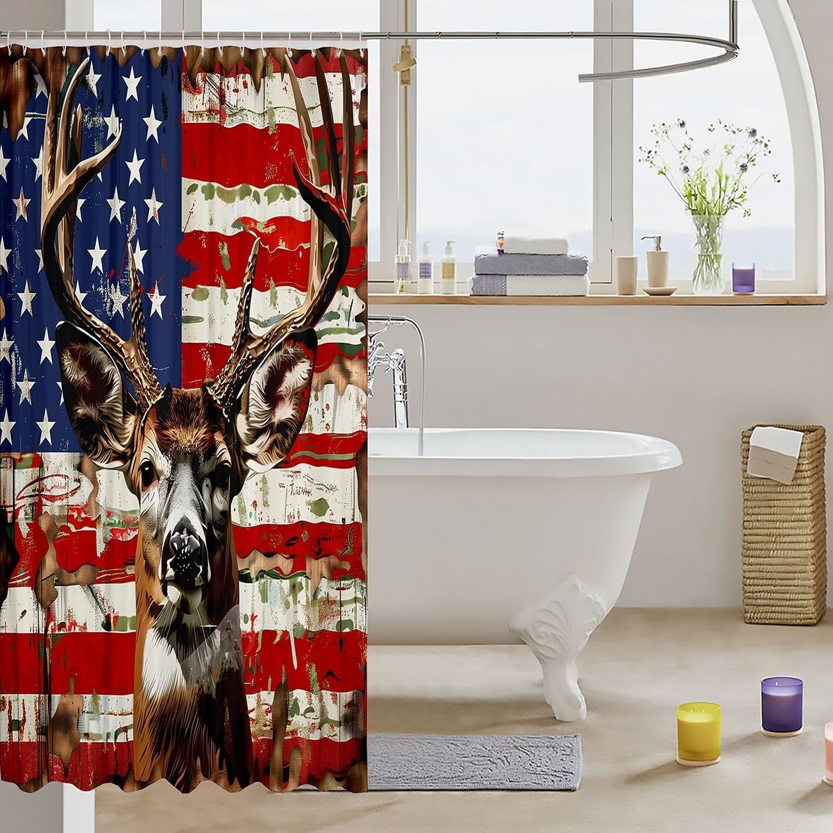 Manfei Wild Deer Waterproof Shower Curtains,Vintage American Flag Red and Blue Shower Curtain,Nature Animal Hunting Theme Rustic Farmhouse Modern Bathroom Accessories,Machine Washable,72" X 78"