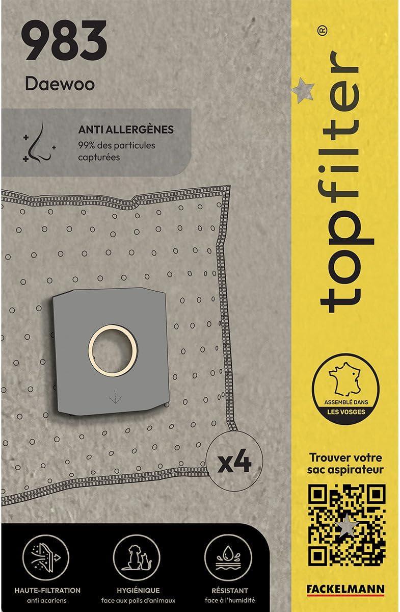 TopFilter 983 4 Fleece Vacuum Cleaner Bags for Daewoo Vacuum Bags, Pack of 4 Dust Bags (30 x 26 x 0.1 cm