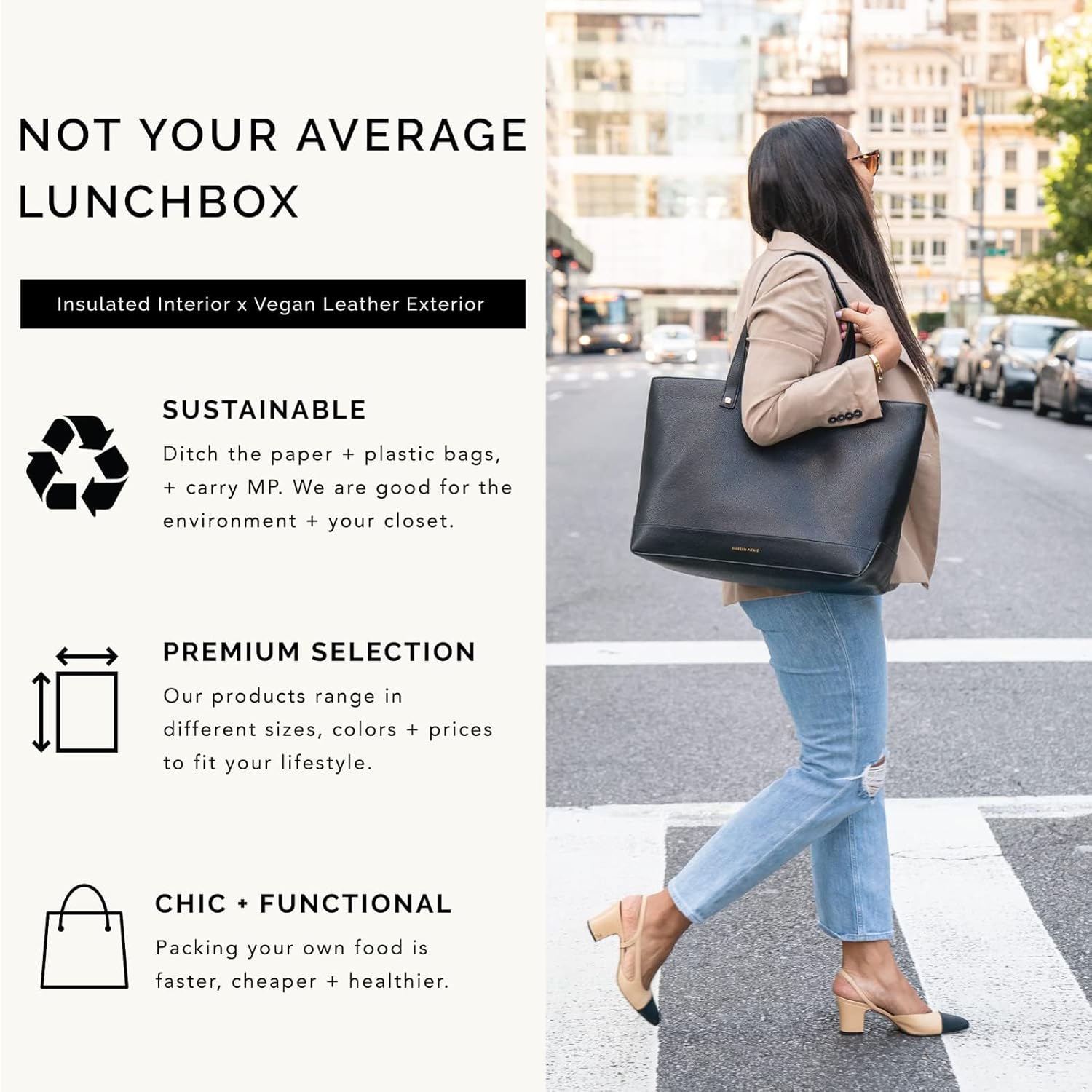 Black Faux Leather Tote with Insulated Pouch