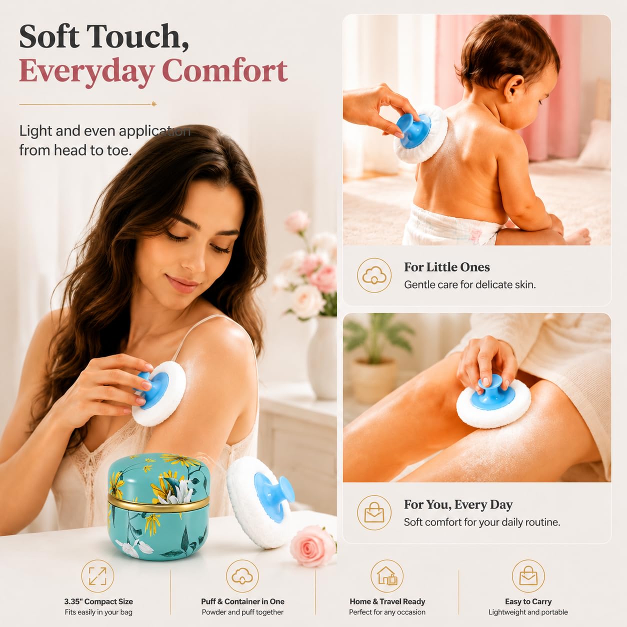 Body Powder Puff and Container, 3.35" Portable Dusting Powder Container with Soft Puff Loose Powder Case Box Jar with Lids for Baby Women Home and Travel Use image 3