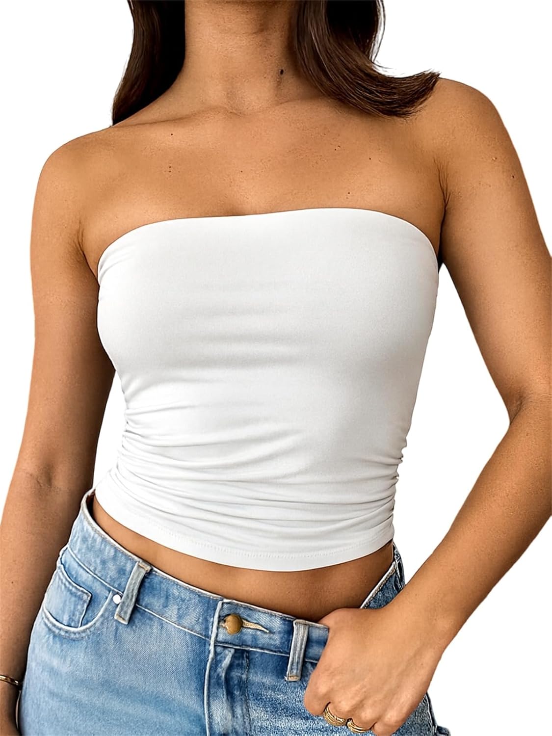 ForeFair Women Strapless Tube Tops Double Lined Ruched Backless Bandeau Going Out Top Basic Tank Tops