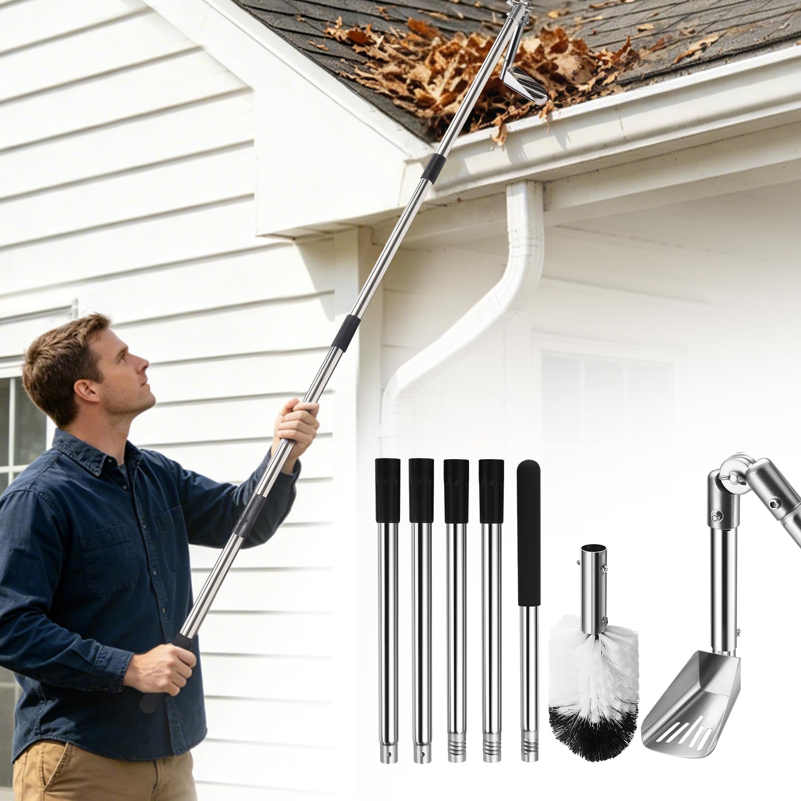 Photo 1 of Gutter Cleaning Tools from The Ground, 6.4FT Gutter Scoop with Extension Pole & Gutter Cleaning Brush – Clean Gutters Safely, Easily Remove Leaves & Debris (Silvery)