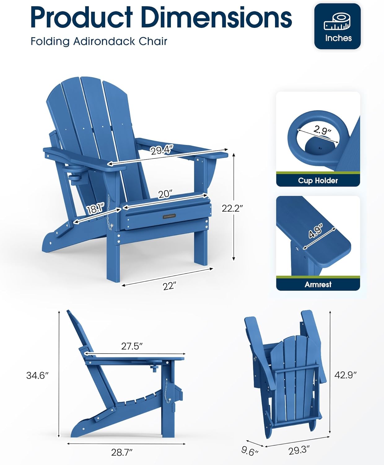 MUCHENGHY Folding Adirondack Chairs HDPE Weather Resistant, Patio Firepit Chairs, Sturdy Outside Chair, Lawn Chairs, 15min Assembly 380lb, Royal Blue