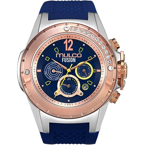 MULCO Watches for Women-Blue Marine, Silver Stainless Steel Case with Silicone Wrist Band, Quartz Multifunction Movement,Large Analog Display, Crystal Stones & Rose Gold Accents, 100m Waterproof
