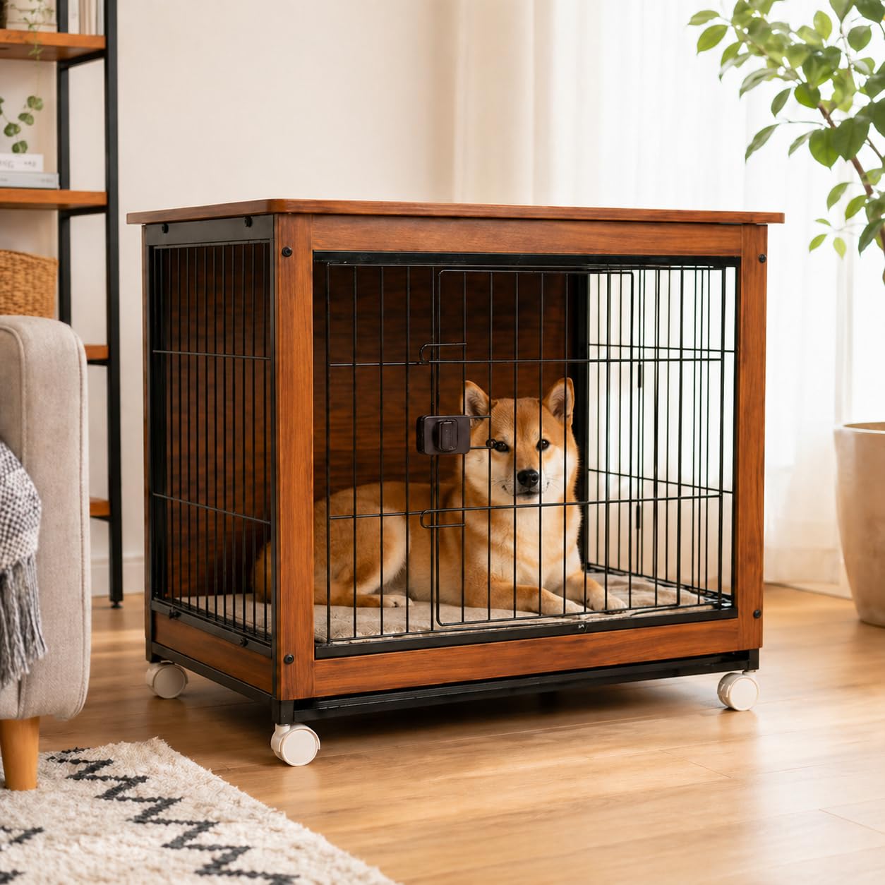 Amazon | N&S ドッグケージ 木製 犬用 ペットケージ 室内用 Lサイズ 外