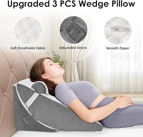 Miniatura 9 de Almohada de cuña de cama para dormir, juego de 3 almohadas de cuña para después de la cirugía, cuñas de almohada ajustables de 7 y 12 pulgadas para