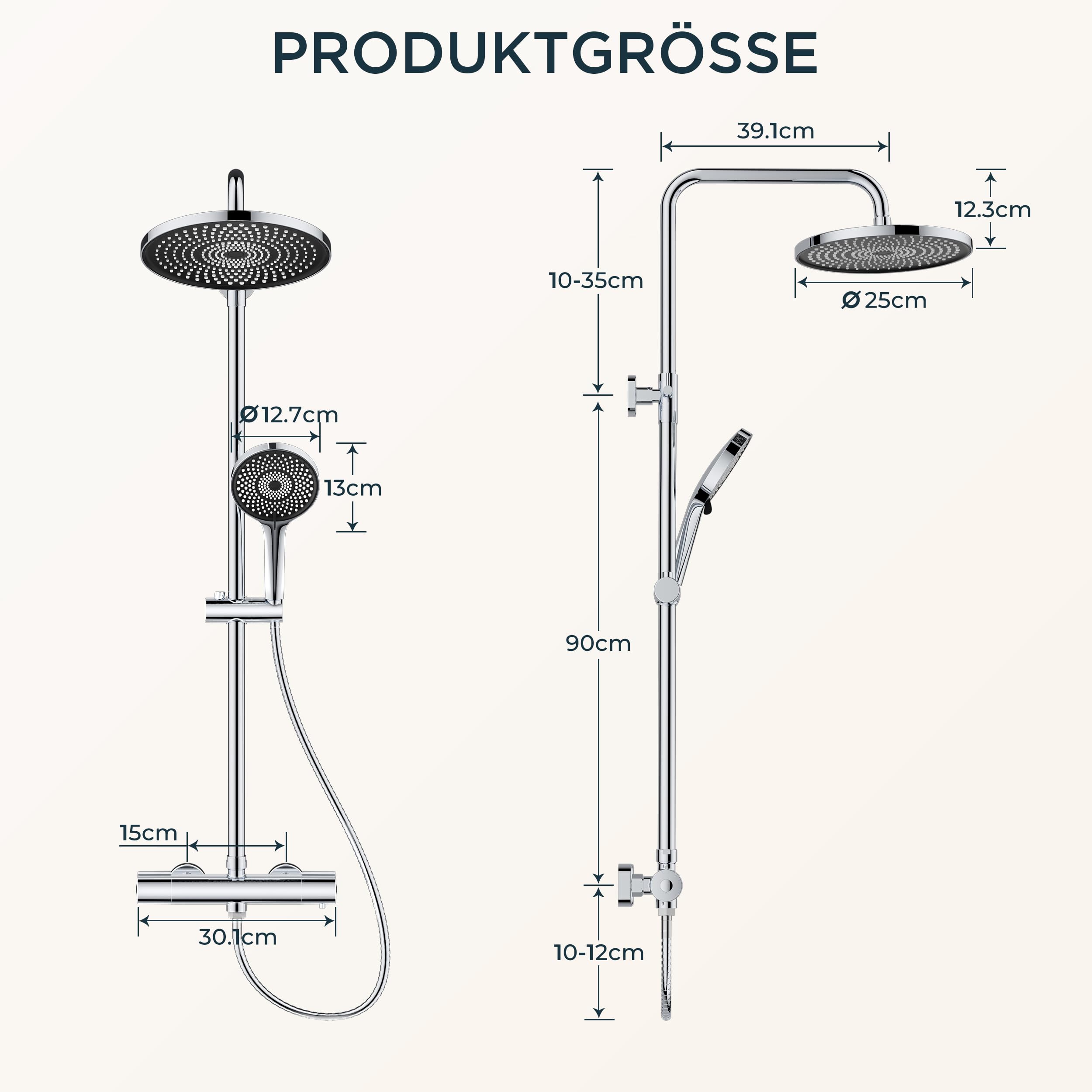 FORIOUS Duschsystem mit Thermostat – 3-in-1 Duscharmatur Komplettset mit Verbessertem Thermostatventil, 25 cm Runde Regendusche, 90–125 cm Höhenverstellbare Duschstange & 3-Strahl Handbrause