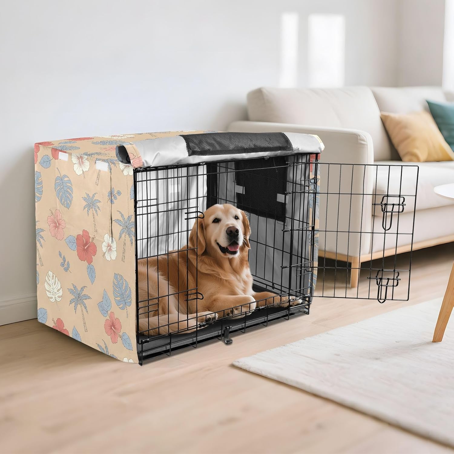 Tropical Flowers Dog Crate Cover 600D Oxford Pet Kennel Cover with Mesh Window for Dog Cages, Windproof Waterproof Machine Washable, 42"x28"x30"