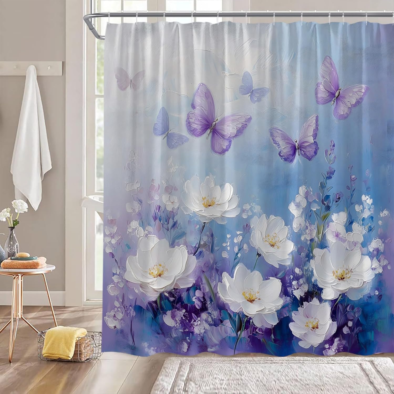 Floral Butterfly Shower Curtain Purple Butterflies Flower Oil Painting Fantasy Spring Dreamy Plant Nature 70" Wx84 H Fabric Bathroom Decor Curtain with Hooks