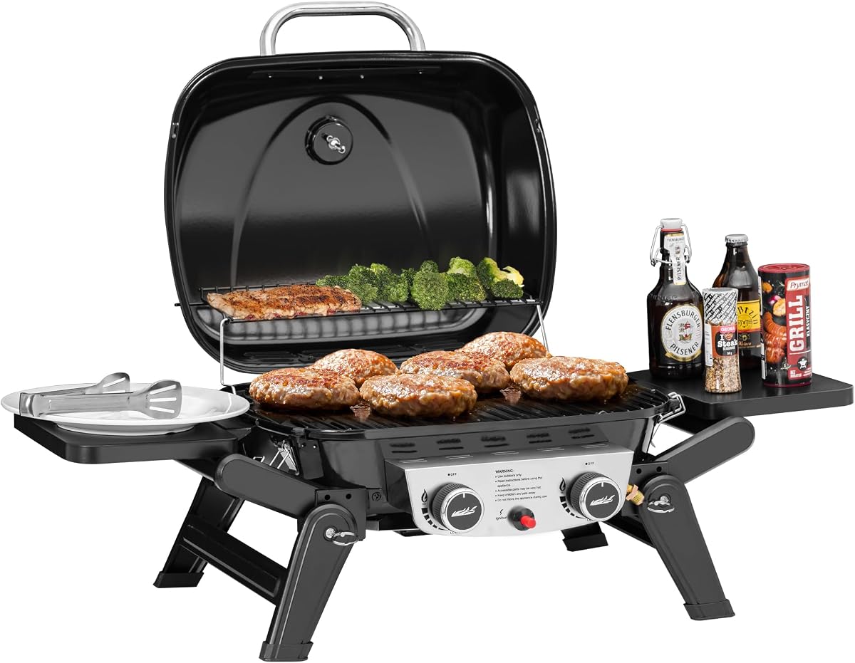 GT2005 2-Burner Portable Propane Gas Grill Black | Foldable Side Tables and Legs, Outdoor Tabletop Gas Grill with Warming Rack for Travel, Picnic, Tailgate, Camping