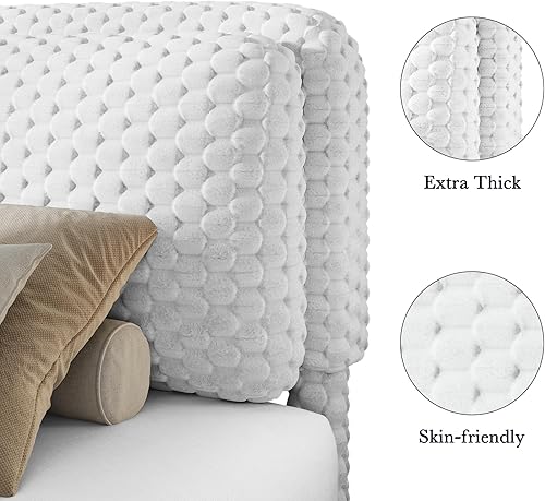 Miniatura 4 de Marco de cama de tamaño matrimonial, marco de cama suave con 2 cabeceras de almohada, marco de cama tapizado de felpa de piel sintética, no requiere