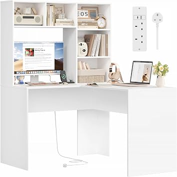 FirFurd L Shaped Desk with Power Outlet Computer Corner Desk with Storage | Study Table with 5 Open Shelves, 2 AC Outlets & 2 USB Ports, Home Workstation, Wooden Office Furniture, 108x125x153cm