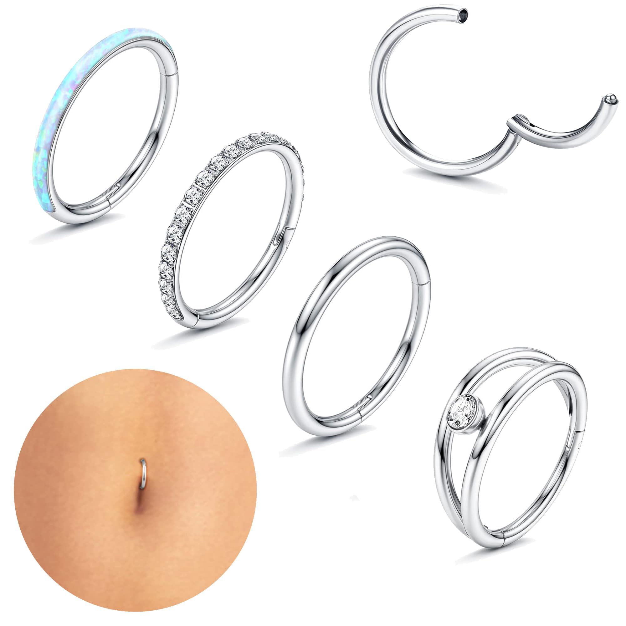 Diamday Anillo Para Ombligo De Aro De 14g En Acero QuirúRgico Con Circonias Claras Y Ópalo Aro Minimalista De Clicker Segmentado Para Piercing De Ombligo 8mm 10mm 12mm