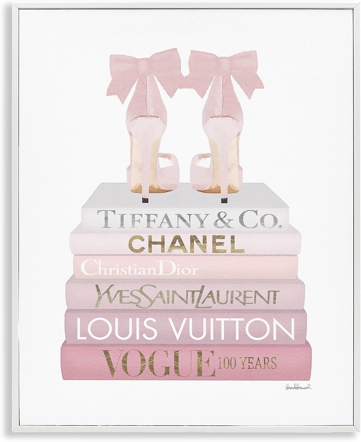 Stupell Industries Chic Pink Bow Shoes Glam Fashion Bookstack, Designed by Amanda Greenwood White Framed Wall Art, 11 x 14