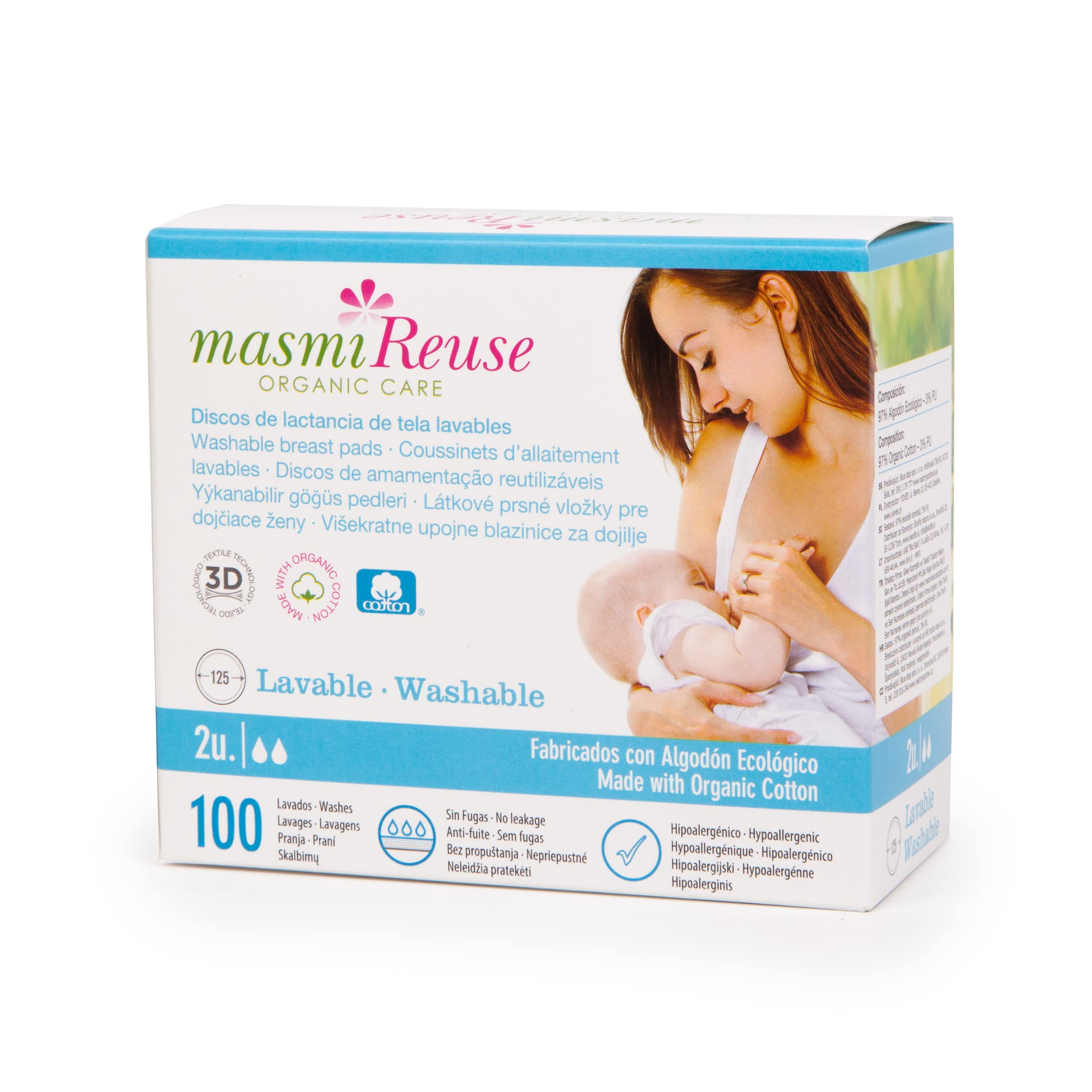 MasmiWashable Breast Pads, GOTS Certified Organic Cotton, 100 Washes