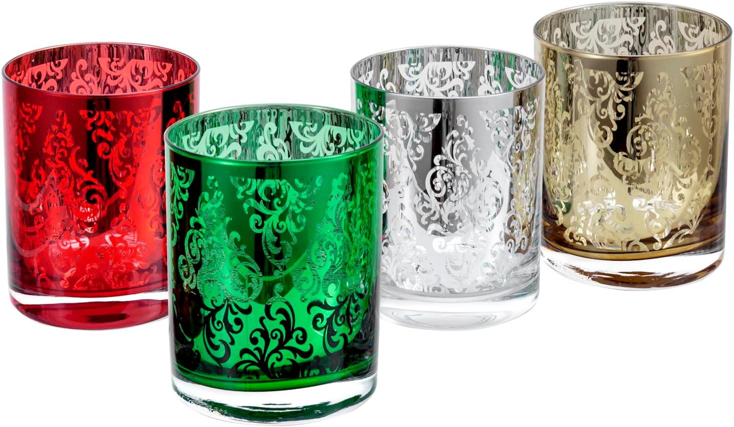 MyGift 12 oz Holiday Multicolor Double Old Fashioned Glasses with Etched Baroque Pattern, Metallic Gold Silver Red Green Color Lowball Whiskey Drinking Glass, 4 Piece Set