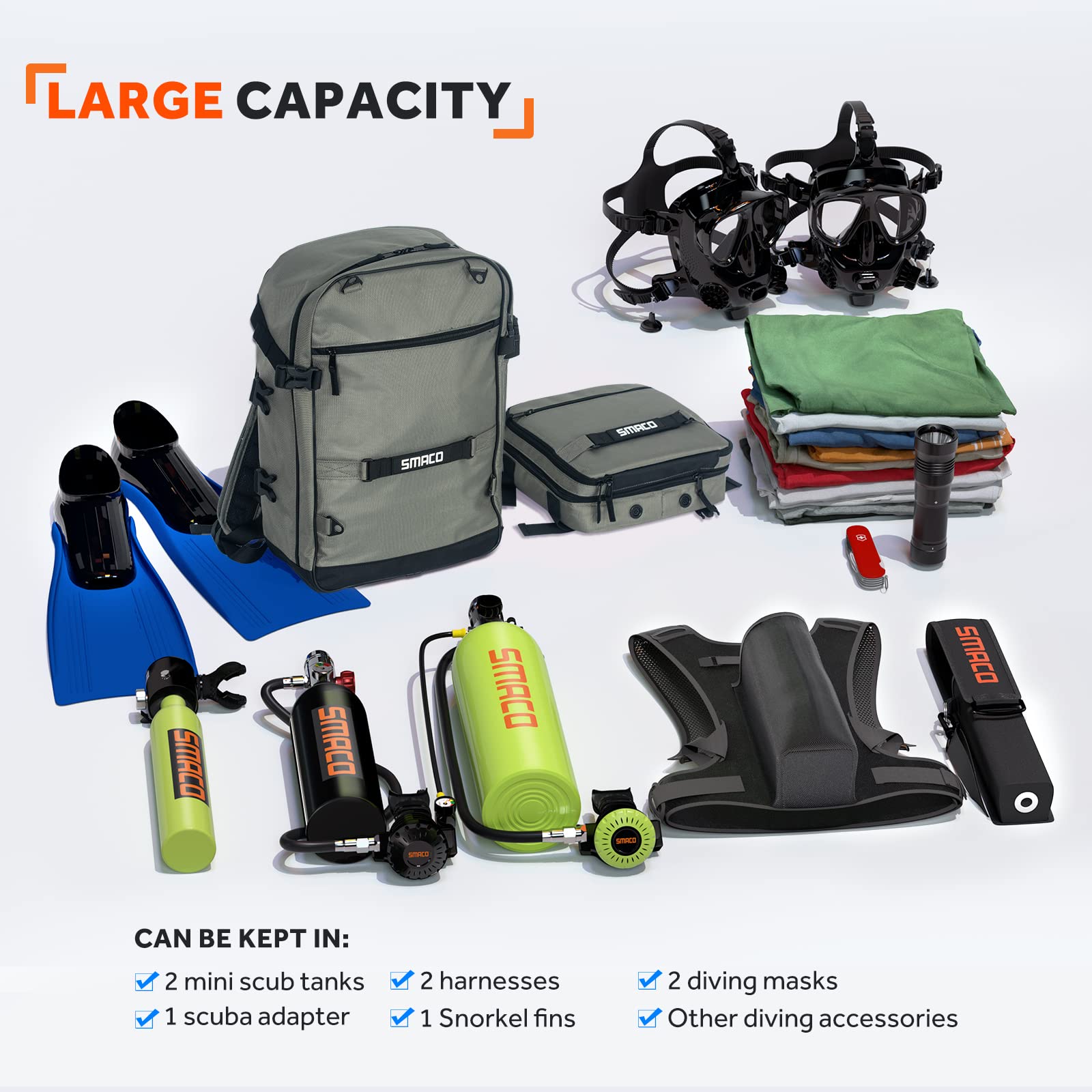 SMACO Mochila de buceo con bolsa pequeña desmontable, mochila de viaje para buceo, bolsa de buceo en seco para mini botellas de buceo, máscara de buceo, snorkel, aletas y más, gris, Portátil