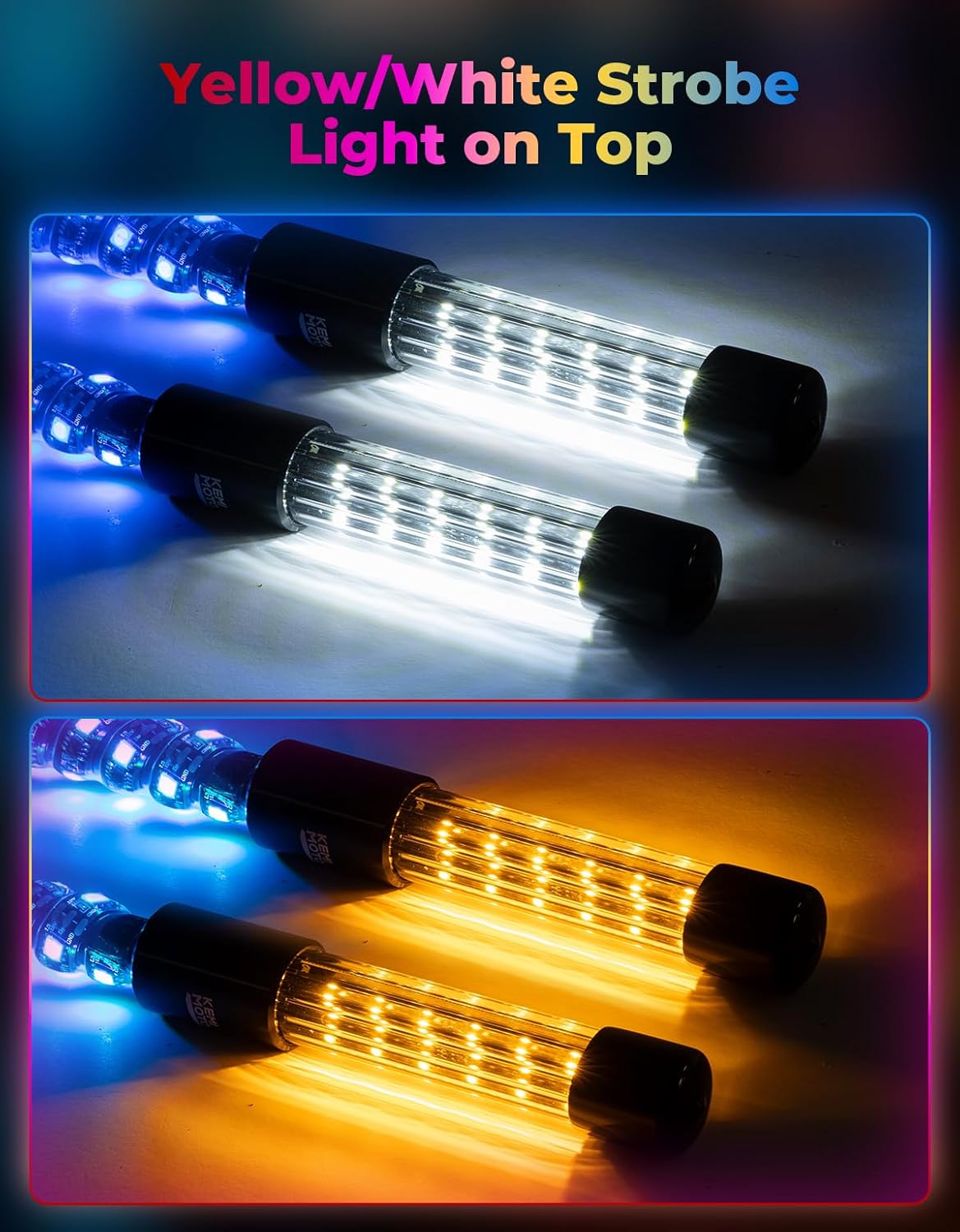 KEMIMOTO 3FT Whip Lights with Top Warning Strobe Mode & SOS Mode, LED Whip Light Compatible with Polaris RZR Sportsman Ranger Can-Am X3, Music & DIY Lighted Whips with App & Remote Control, 2PCS