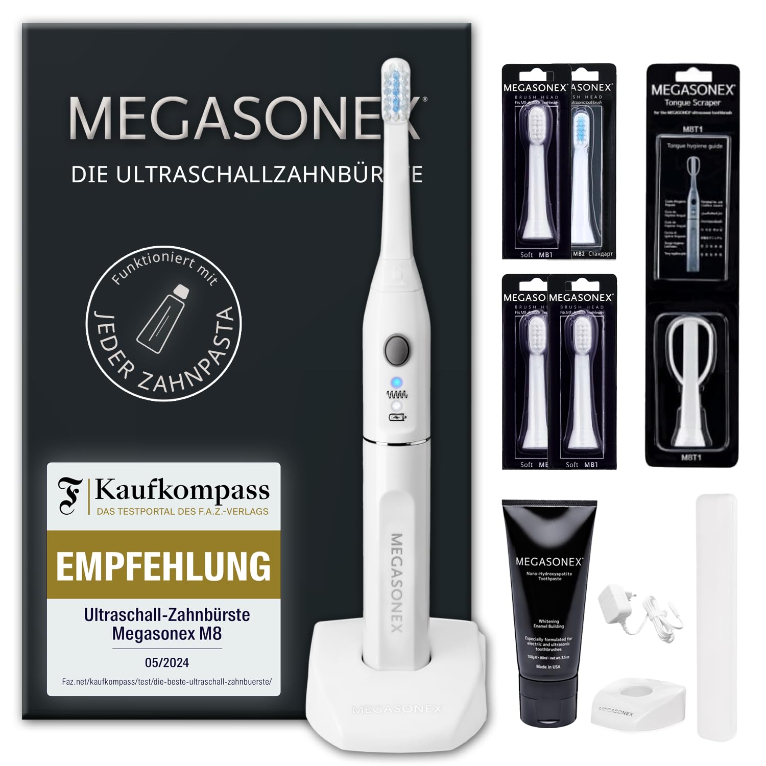 MEGASONEX Juego de cepillos de dientes ultrasónicos M8, incluye pasta de dientes, accesorio para lengua y 2 cabezales de cepillo Soft