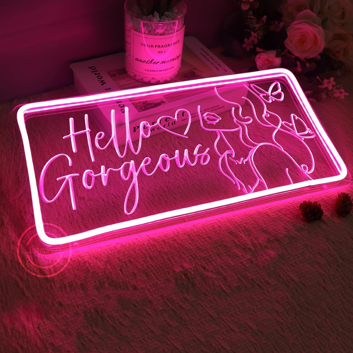 Britrio Hello Gorgeous Neon Sign for Wall Decor Pink Led Neon Light Heart Butterfly Wall Art Sign for Girl Dorm Makeup Room Bedroom Wedding Bachelorette Birthday Party Woman Gift Beauty Salon Decor 5V