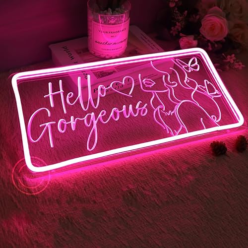 Miniatura 3 de Britrio Letrero de neón con texto en inglés Hello Gorgeous para decoración de pared, luz de neón LED rosa, corazón, mariposa, arte de pared para