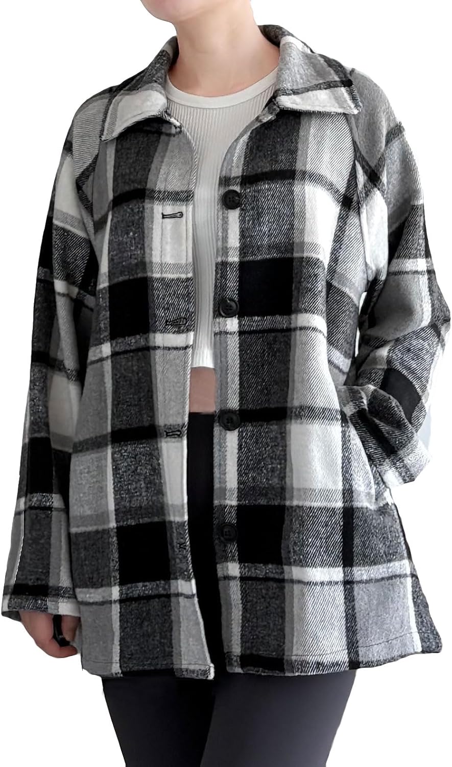 FTCayanz Women's Flannel Shacket Plaid Jacket Button Down Long Sleeve Shirts Casual Coats with Pockets