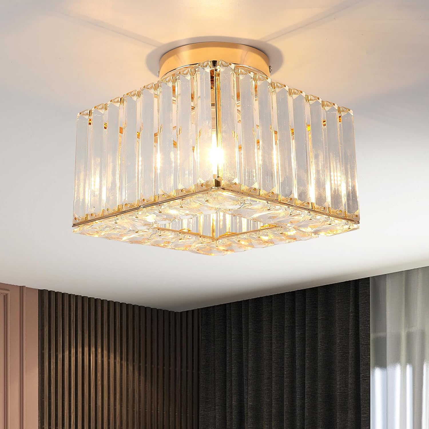 Modern Crystal Ceiling Light Fixture, Semi Flush Mount Lighting Glod Finish LED with E26/27 Base for Bedroom, Entryway, Foyer, Hallway, Dining Room