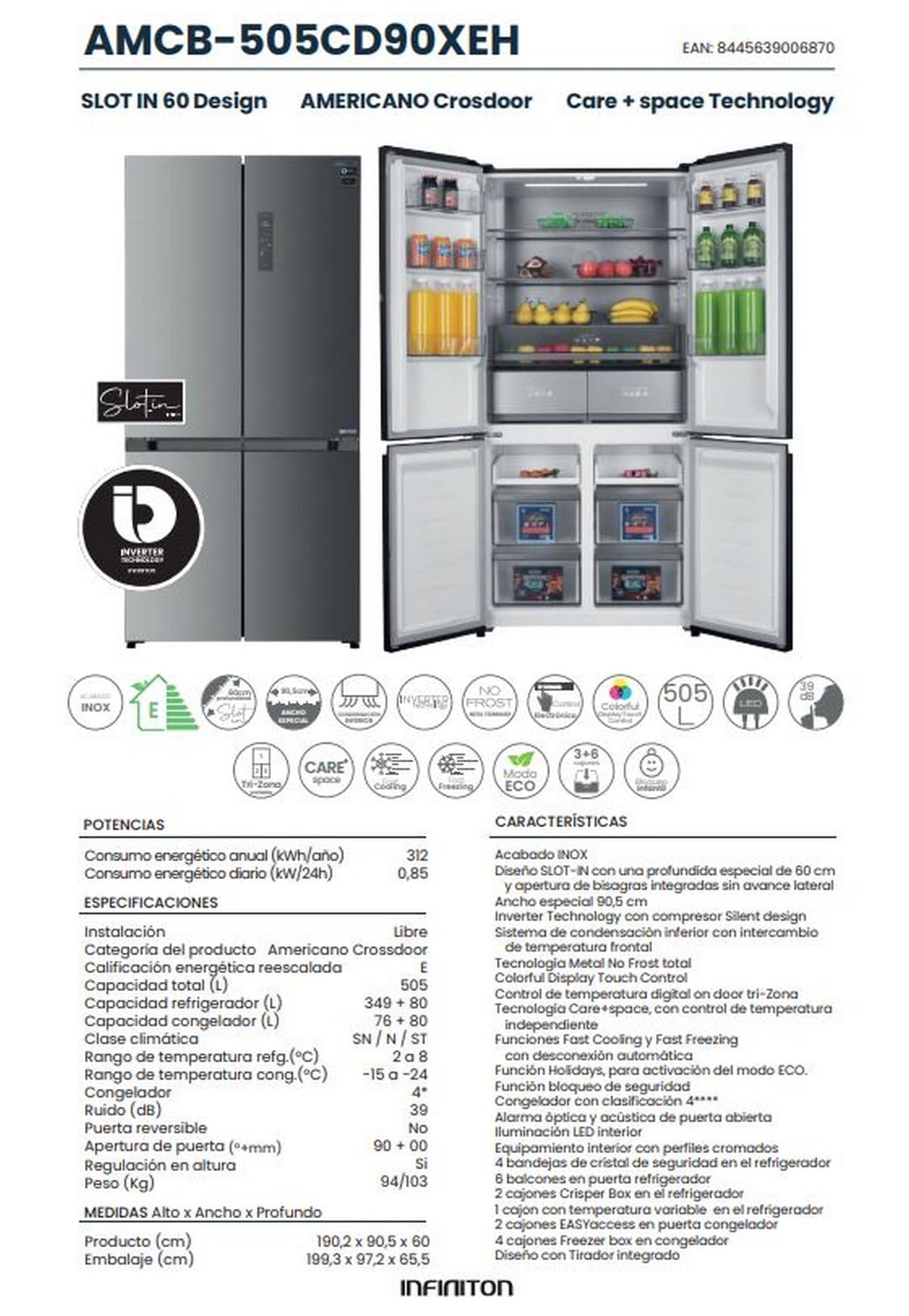 Frigorifico Americano Infiniton AMCB-505CD90XEH, 505 Litros, Total No Frost, E, Inox