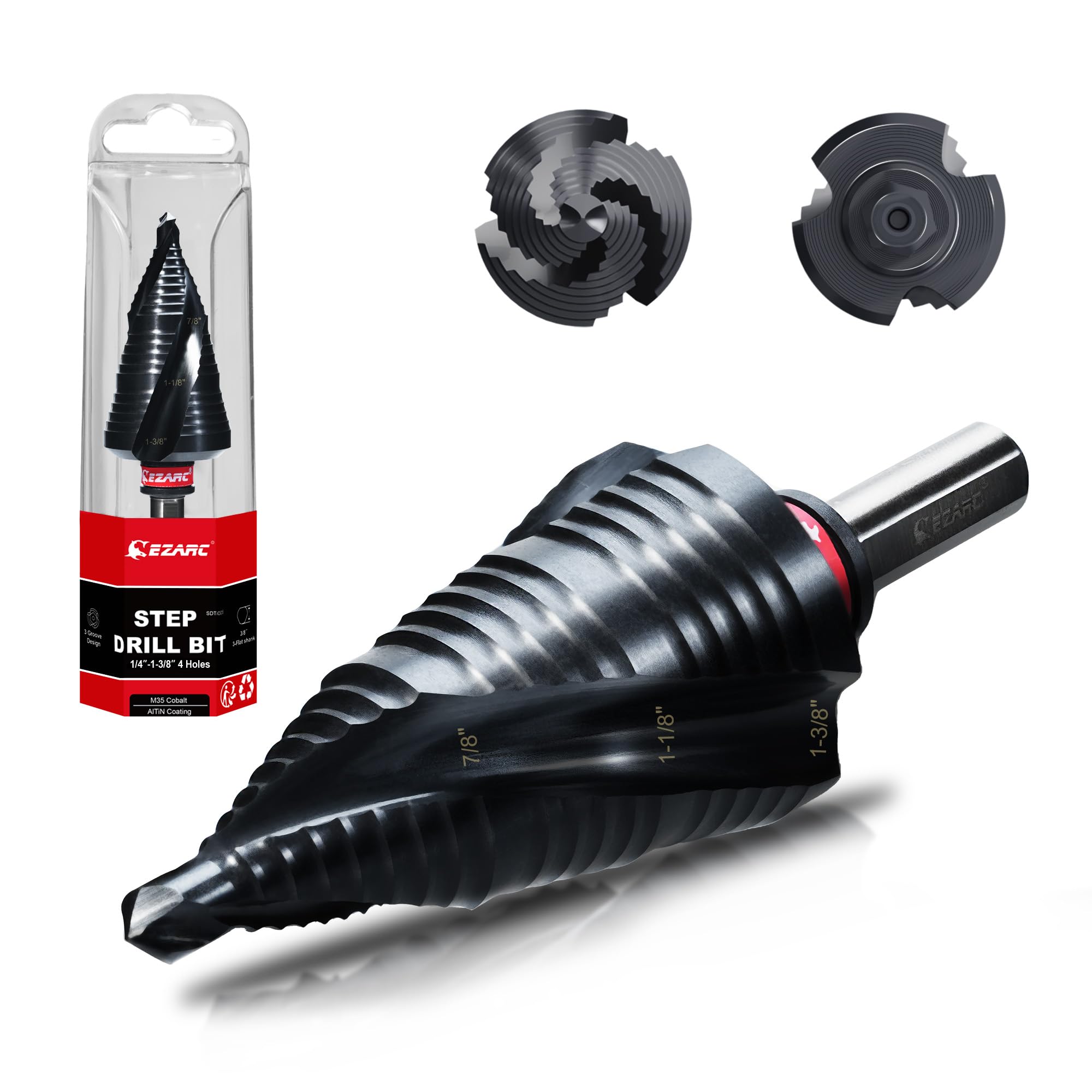 ezarc step drill bit for metal, m35 cobalt step drill spiral flute unibit step drill bit (1/4"- 1-3/8") wear-resistant altin coated, 3/8" shank for metal, stainless steel, aluminum, plastic
