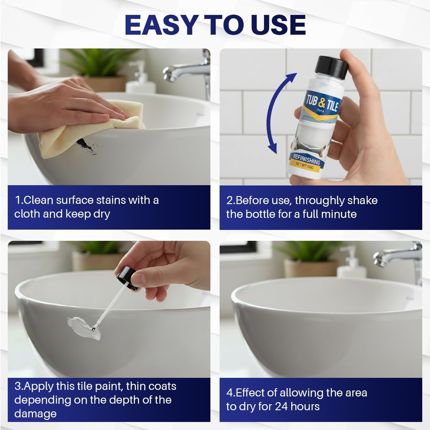 Tub and Tile Paint, 1.9oz High-Gloss White Touch Up Paint for Bathtub, 1-Part Bathtub Paint for Bathroom,Tiles, Sinks and Toilets (No Need Part B)
