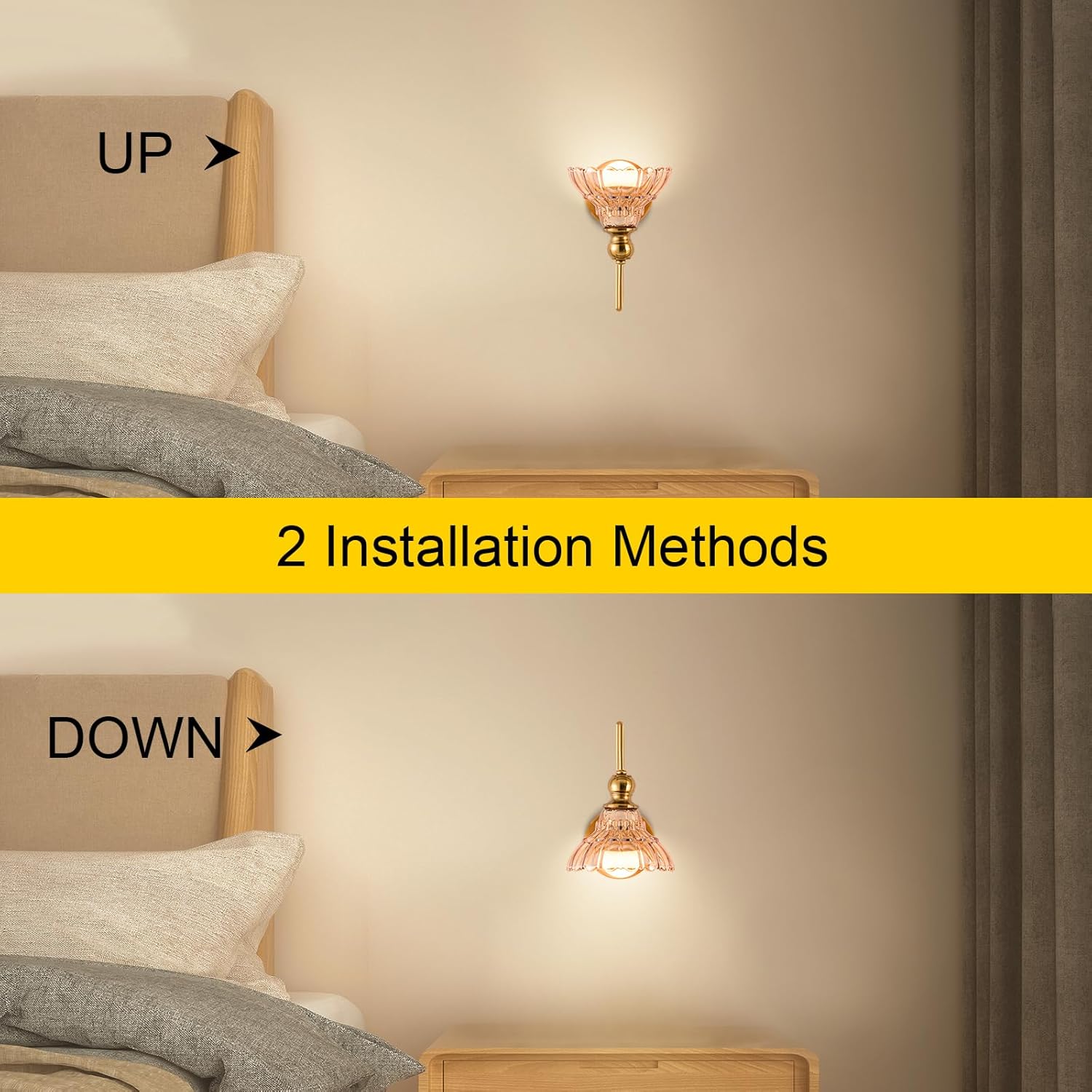 Vintage Battery Operated Wireless Wall Sconces, Rechargeable Battery with Flower Glass Shade Wall Lights,Farmhouse Vanity Lamp with Remote for Dining Room Hallway Living Room, Set of Two (Amber)